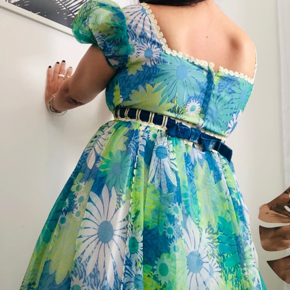 Vintage 1960’s Floral Teal Blue Chiffon Maxi Dress - Picture 8 of 13